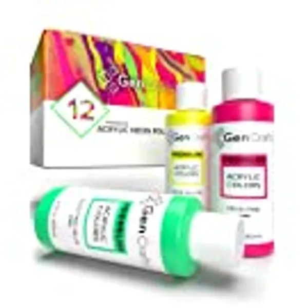 GenCrafts Pouring Neon Acrylic Paint - Set of 12 Neon Colors - Pre-Mixed & High Flow - 2 oz Bottles - Multi-purpose Paints for Canvas & Paper, Wood and More