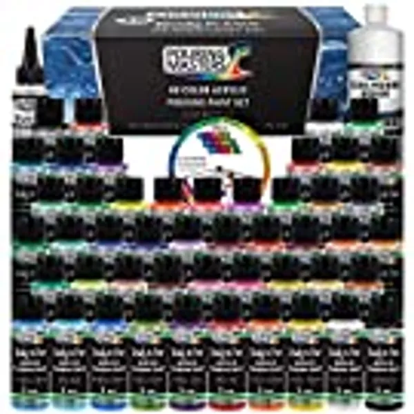 U.S. Art Supply Pouring Masters 48 Color Ready to Pour Acrylic Pouring Paint Set - Premium Pre-Mixed High Flow 2-Ounce Bottles - for Canvas, Wood, Paper, Crafts, Tile, Rocks and More