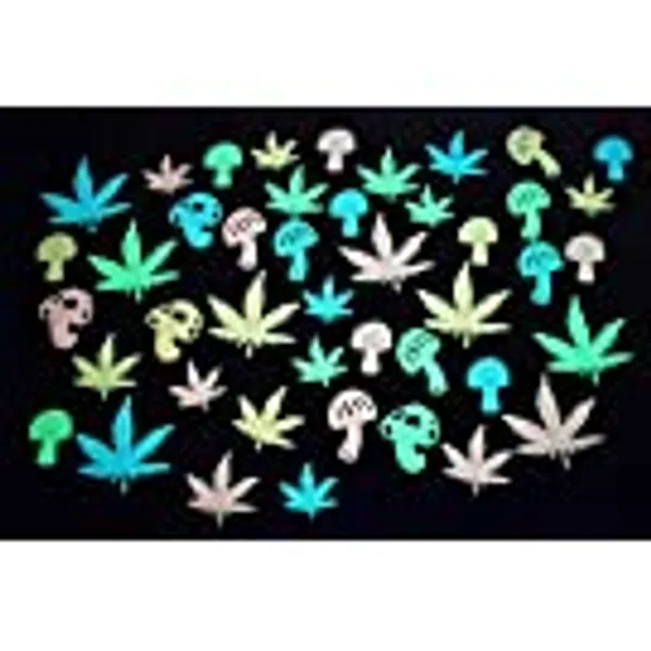 DirectGlow 48 Piece Glow in The Dark Marijuana Weed Pot Leafs and Groovy Luminous Wall Ceiling Decor Party Supply Sturdy Plastic with Adhesive