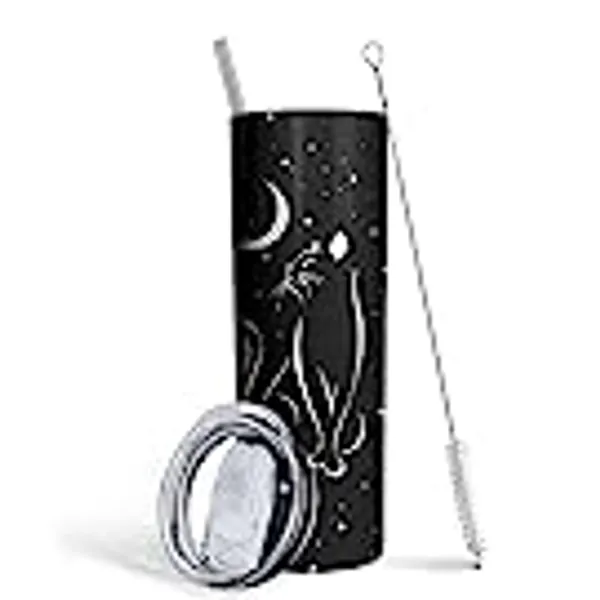 Cat Tumbler,Goth Tumbler,Halloween Gifts for Women,Cat Mug,Black Cat Mug,Cute Cat Stuff,Witchy Gifts for Women,Black Cat Gifts,Goth Gifts,Cat Cup,Cat Coffee Mug-20 OZ Black Tumbler with Straw and Lid