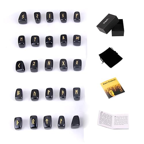 TGS Gems Black Obsidian Rune Stones Set Engraved Pagan Lettering with Instruction Booklet and Velvet Pouch - Black Obsidian