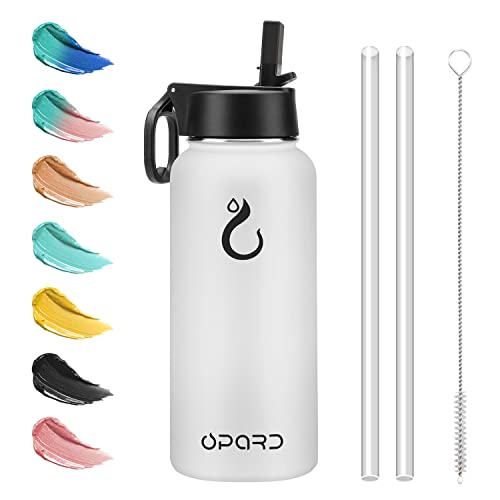 Opard Stainless Steel Water Bottle, 32 oz Vacuum Insulated Double Walled Leak Proof Sports Water Bottle with Straw for Gym Travel Camping - F3 - White - Fixed straw