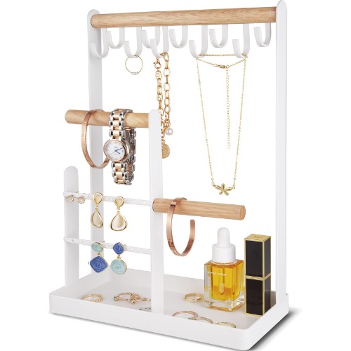 ProCase Jewelry Stand Necklace Holder, 4-Tier Jewelry Tower Rack with Earring Tray and Holes, 10 Hooks Necklaces Hanging Storage Tree Display Organizer for Bracelets Watches Earrings Rings -White - White