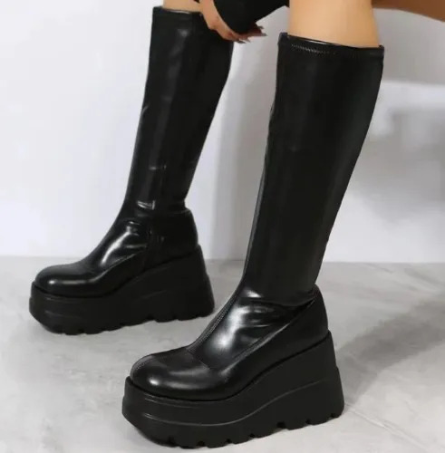 Women Side Zipper Wedge Boots, Fashion Black Wedge Boots
