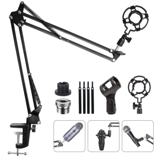 Eastshining Upgraded Adjustable Microphone Suspension Boom Scissor Arm Stand w/ Shock Mount Mic Clip Holder 3/8 to 5/8 inch Screw Adapter for Blue Yeti, Snowball & Other Microphones(stand W/ adapter) - 