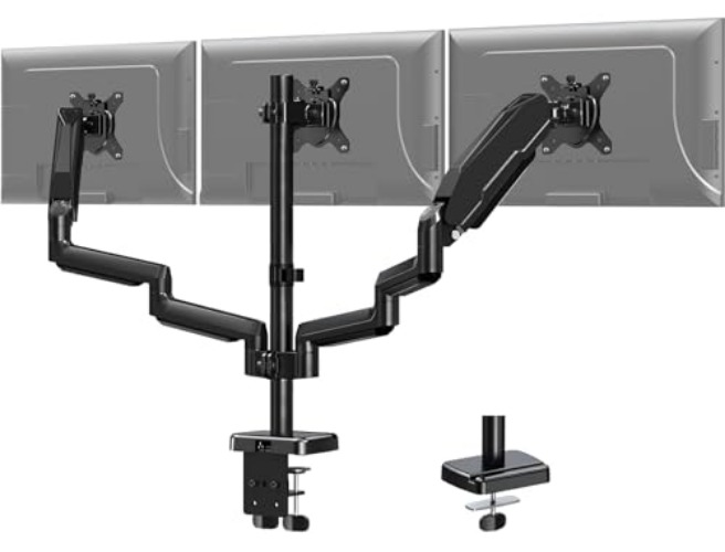 MOUNT PRO Triple Monitor Desk Mount - Articulating Gas Spring Monitor Arm, Removable with Clamp and Grommet Base - Fits 13 to 27 Inch LCD Computer Monitors, VESA 75x75, 100x100 - Max 27" - Black