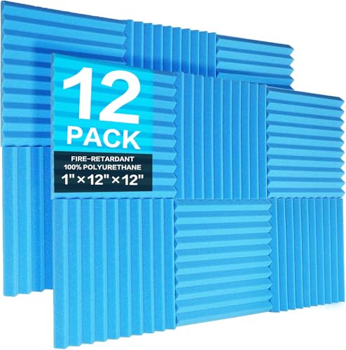 JBER 12 Pack Acoustic Foam Panels, 1" X 12" X 12" Studio Soundproofing Wedges Fire Resistant Sound Proof Padding Acoustic Treatment Foam (Blue) - 12 Pack - Blue