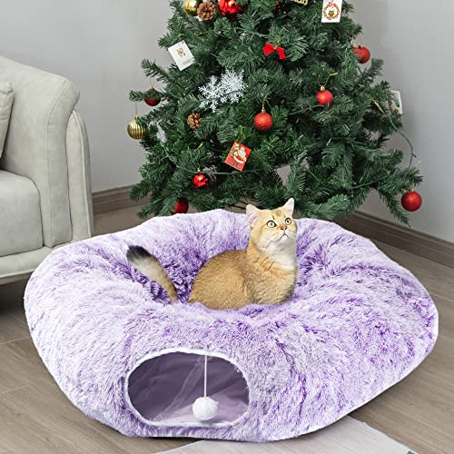 AUOON Cat Tunnel Bed with Central Mat,Big Tube Playground Toys,Soft Plush Material,Full Moon Shape for Kitten,Cat,Puppy,Rabbit,Ferret (Purple) - Purple