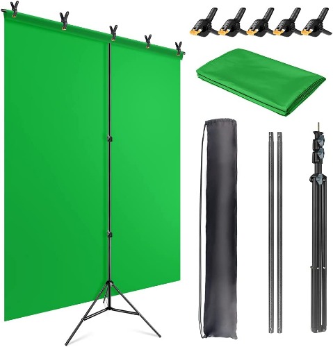 JEBUTU 5X6.5ft Green Screen Backdrop with Stand Kit, Green Screen with T-Shape Background Support Stand, Portable Green Screen Stand Kit with Carrying Bag & 5 Spring Clamps for Zoom, Video, Streaming - Green
