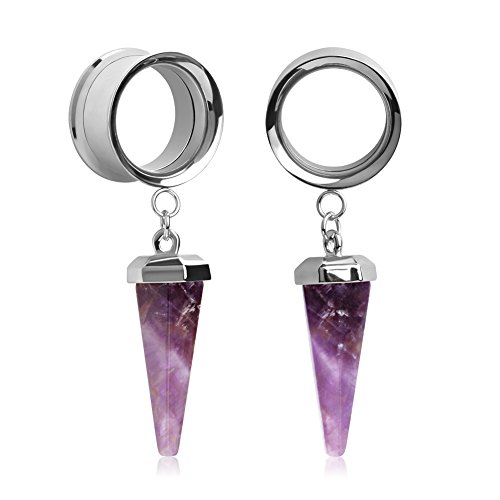 KUBOOZ 1 Pair of Stainless Steel Amethyst Stone Pendant Ear Plugs Tunnels Gauges Stretch Piercings - Diamètre:00G(10mm)