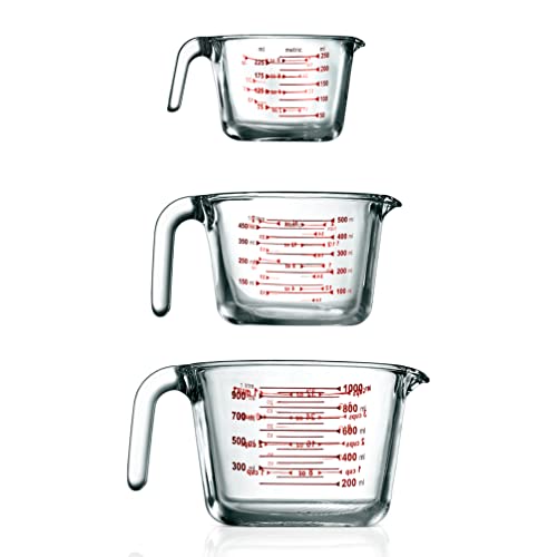 NutriChef 3 Pieces Measuring Cups - BPA-Free Premium Heat Resistant Borosilicate Glass Measuring Cups w/ Handle, Precise Measurement w/ Oz & Ml Scale, in 250ml 500ml & 1000ml, Microwave & Oven Safe - 3 sizes
