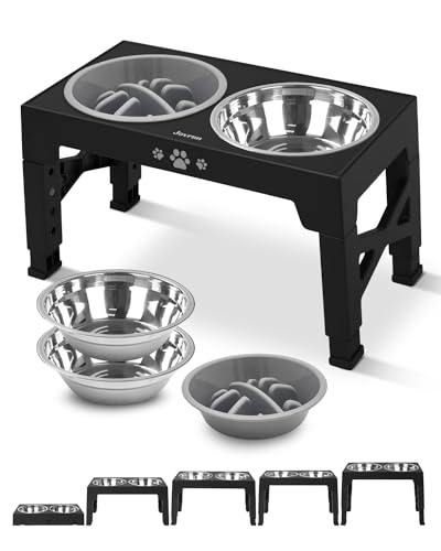 Jovrun Elevated Dog Bowls, Dog Feeder with 2 Stainless Steel Bowls &1 Slow Feeder Dog Bowls, 5 Heights Adjustable Raised Dog Bowls Stand for Small Medium Large Dogs, Dog Food Bowls with Non-Slip Feet - Black