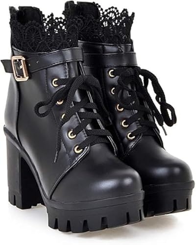 Hbeylia Women's Platform Combat Boots Fashion Lace Leather Chunky Pump Ankle Booties Leather Goth Anti Slip Lace Up High Heels Riding Short Boots For Women Bride Wedding Halloween Cosplay Party - 7.5 Wide - Black