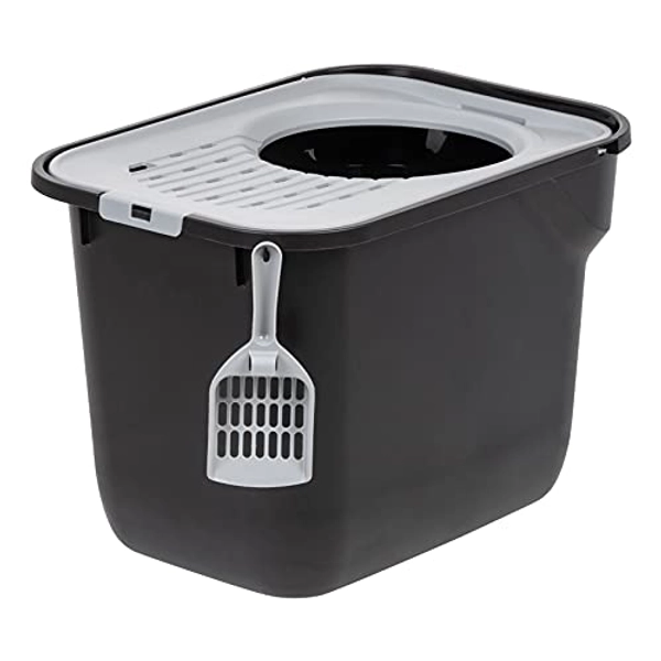 IRIS USA Square Top Entry Cat Litter Box with Scoop, Large Kitty Litter Tray with Litter Catching Lid Less Tracking Dog Proof and Privacy Walls, Black/Gray