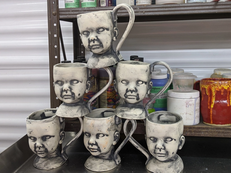Creepy baby head Mug hand manipulated hand painted slip cast with many different color choices and customizable USA made creepy dark macabre