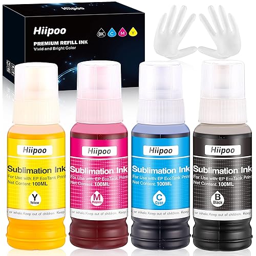 Hiipoo Sublimation Ink for EcoTank Supertank Inkjet Printers ET-2720 ET-2760 ET-2800 ET-15000 ET-2803 ET-2850 ET-3760 ET-4800 ET-4760 Heat Press Transfer on T-Shirt Mug (Autofill/ICC-Free/Anti-UV)