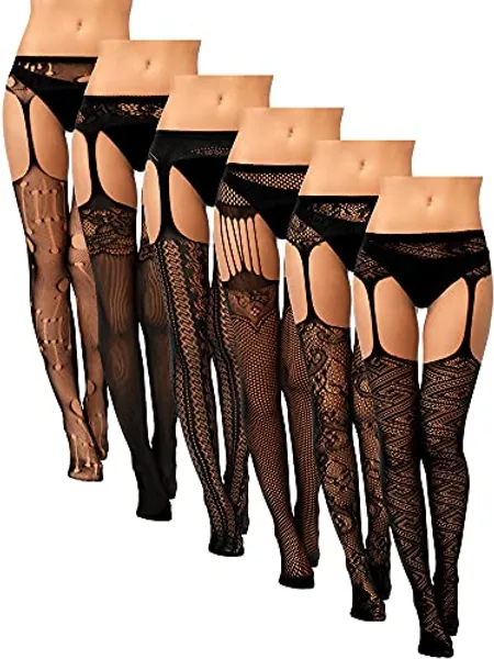 6 Pairs Women Fishnet Thigh High Stockings Suspender Pantyhose Lingerie Garter Belts Tights for Women Girls