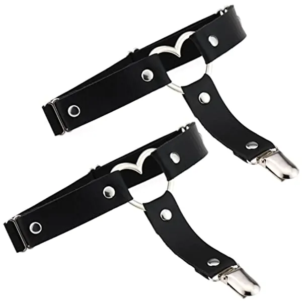 Adove Women Adjustable Leather Thigh Garter, Heart Shaped Leg Garter with Clips Punk Goth Garters for Thigh high Socks Black