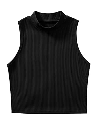 Verdusa Women's Basic Sleeveless Mock Neck Rib Knit Tank Crop Top - Large - black