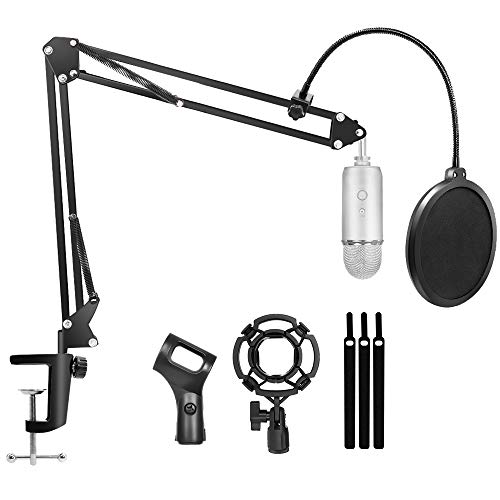 Microphone Stand Adjustable Suspension Boom Scissor Mic Stand with Pop Filter, Mic Boom Arm with Shock Mount for Radio Broadcasting and Recording, Mic Stand for Blue Yeti Nano Snowball