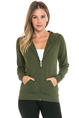 AH JOEAH Women's Hoodie Jacket - Full Zip Up Slim Fit Hooded Top Lightweight Stretch Active Yoga Workout Sweatshirt Pullover - Large - Olive