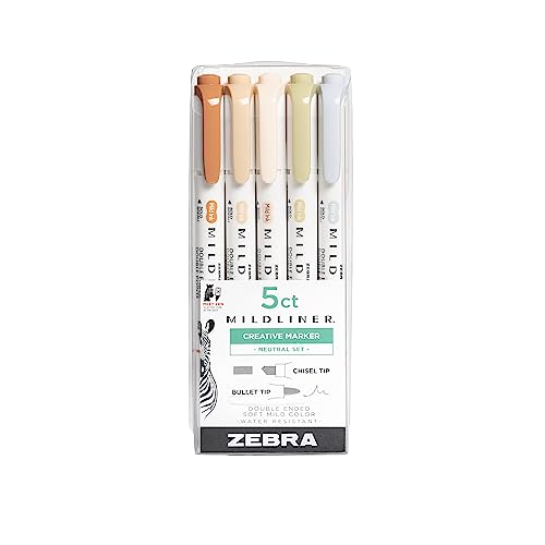 Zebra Pen Mildliner Double Ended Highlighter Set, Broad and Fine Point Tips, Assorted Neutral Vintage Ink Colors, 5-Pack