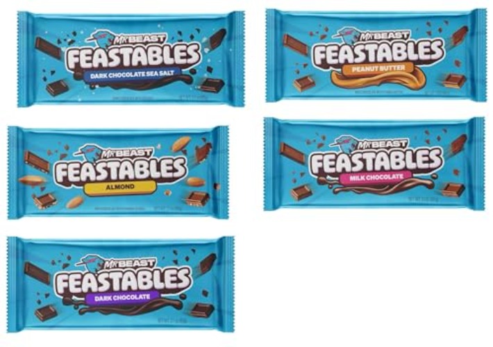 Feastables Beast Chocolate Bars – Peanut Butter Milk Chocolate, Dark Chocolate, Milk Chocolate, Dark Sea Salt and Milk Chocolate Almond Bars (5 Pack) NEW FORMULA! Creamier and Thicker - 2.1 oz Bars