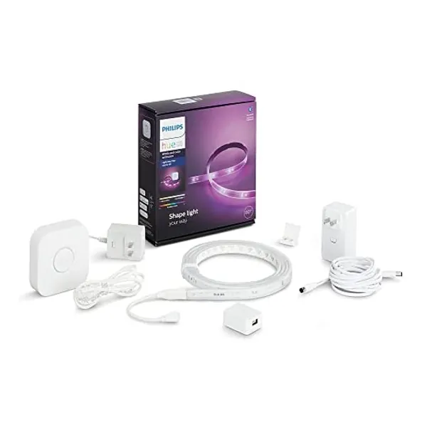 
                            Philips Hue Lightstrip Starter Kit (80" Light Strip, Base Plug, Hue Hub), Compatible with Alexa, Google Assistant, White
                        