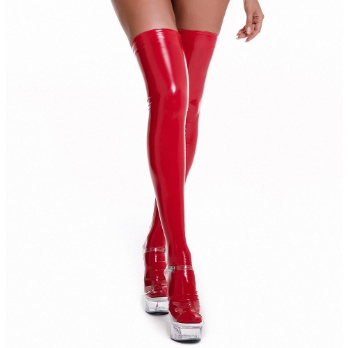 Shiny Faux Leather Thigh High Socks - Red / M