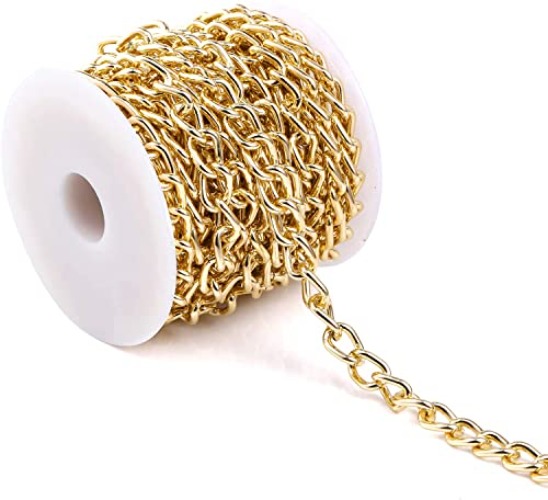 16.4Feet Gold Plated Brass Curb Chain Twisted Chunky Link Chains Bulk with Spool Gold Chain for Jewelry Making Chains for Necklaces Jewellery Belt Jeans - Gold
