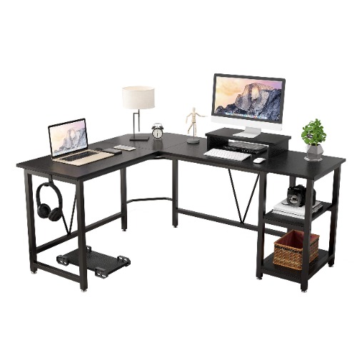 TREETALK Computer desk, L-shaped Desk with 2-Layer Storage,Large PC Laptop Table Corner Desk with Monitor Stand and CPU Stand,Gaming Desk Writing Table for Office Home (Black)