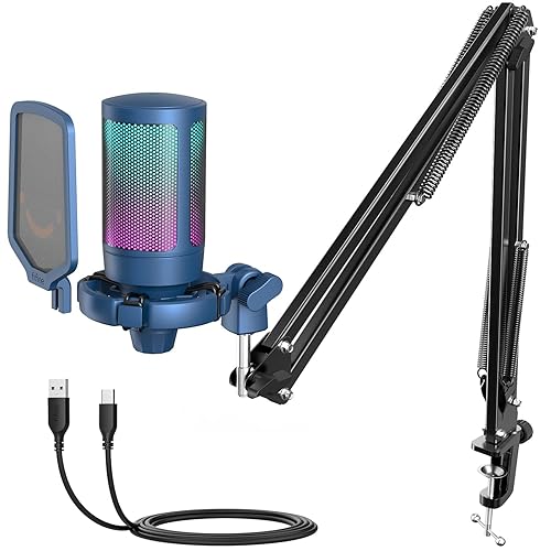FIFINE USB Gaming Streaming Recording PC Microphone Kit, RGB Condenser Computer Mic Bundle for Podcasts, Audio, Vocal, Video on Mac/Desktop/Laptop, with Boom Arm Stand-A6T Blue - Blue