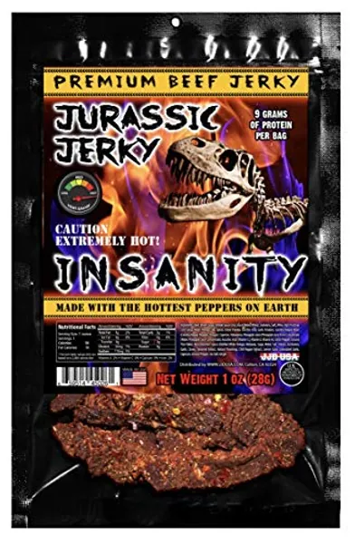 Jurassic Jerky Insanity Beef Jerky - made with the Ghost, Habanero & Carolina Reaper the Hottest Pepper on Earth! Can you handle the Heat? (1 Oz)