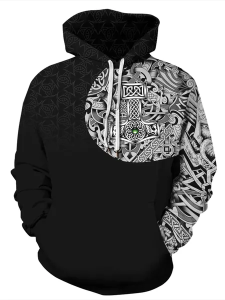 GLUDEAR Men's Vikings Tattoo Norse Mythology Graphic 3D Print Hoodie Pullover Sweatshirt Hoodies