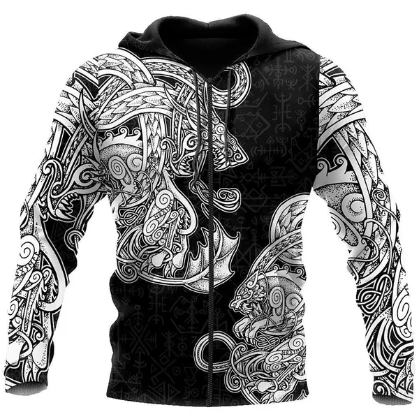 DFWY Norse Mythology Pullover Hoodie,Men Viking Dragon Tattoos Full Zip Hooded Jacket (Color : Zip, Size : XX-Large)