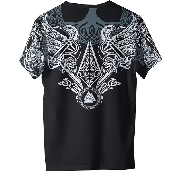 3D Printed Viking Raven T-Shirt, Summer Quick Dry Wolf Fenrir Men's Crow Rune Amulet Short Sleeve,White,3XL