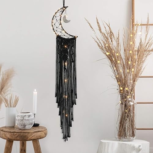 Dremisland Macrame Woven Wall Hanging Moon Dream Catcher- Boho Chic Bohemian Home Decor Wall Art Decor Beautiful Apartment Dorm Room Door Decoration (Moon-Black) - Black