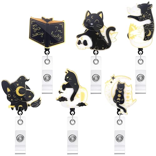 BBTO 6 Pcs Black Cat Badge Reel Lovely Acrylic Retractable ID Badge Holder Gift, Badge Clips/Reel Clip with Alligator Clip for Nurse Christmas