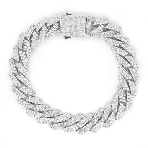 SAVEARTH DIAMONDS Round Lab Created Moissanite Diamond 12MM Width Men's Cuban Chain Bracelet In 14k Gold Over Sterling Silver (VVS1 Clarity, 8.00 Ct To 9.00 Ct), Gift For Him