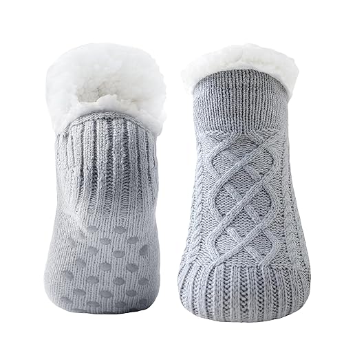 Eono Fluffy Slipper Socks for Women and Men, Thick Cozy Gripper Socks, Warm Winter Non-Slip Socks for Ladies Girls, Women Gift for Home Indoor Bed, UK 4-10 - Grey