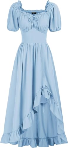 SCARLET DARKNESS Victorian Dress for Women Vintage Ruffle High Low Midi Dresses with Pockets - Light Blue - Medium