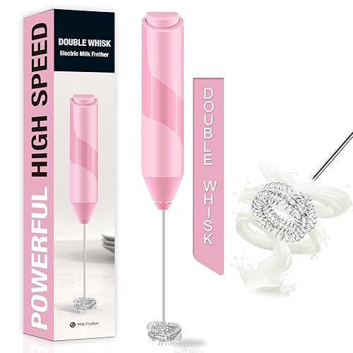 Double Whisk Milk Frother, Handheld Electric Blender stick, Drink Mixer with Food Grade Stainless Steel Stirrer, Battery Operated Foam Maker for Coffee, Cappuccino, Matcha,Hot Chocolate Latte, in Pink - Pink