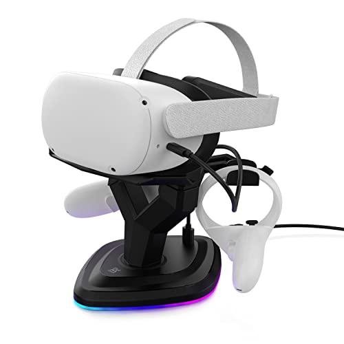 AMVR VR Headset Stand Charging Dock for Oculus Quest 2, Floating Display Holder Fit Meta Quest Pro, Quest 1, Pico 4 with Pair Controllers Hock, Stable Base Station, Colorful Breathing Light