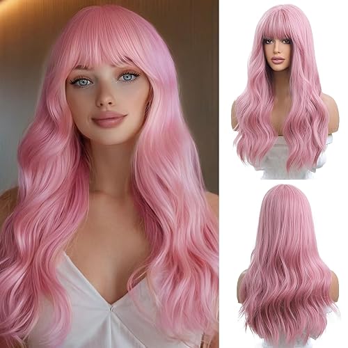 OUFEI 24 Inches Long Wavy Pink Wig for Women Natural Synthetic Hair Heat Resistant Wigs for Daily Party Cosplay Wear - Pink（24in）