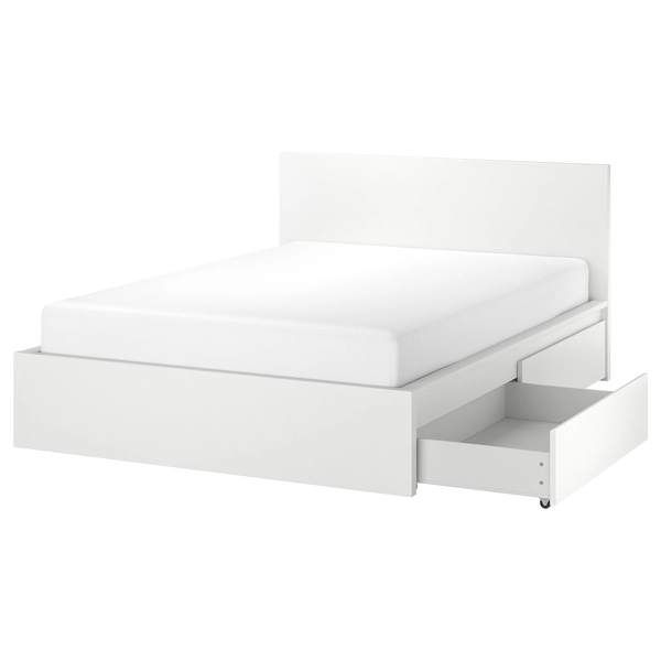 MALM Bed frame, high, w 2 storage boxes - white/Luröy Double