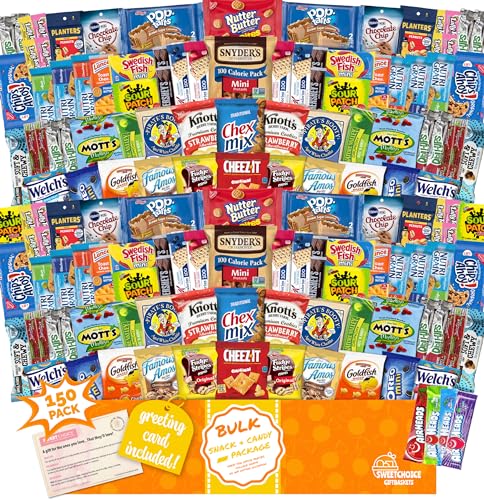 Snack Box Care Package (150) Variety Snacks Gift Box Bulk Snacks -valentines day College Students, Military, Work or Home - Over 9 Pounds of Snacks! Snack Box Fathers gift basket gifts for men