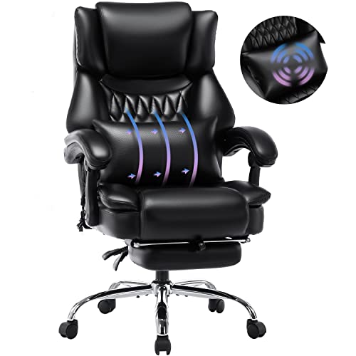 High Back Massage Reclining Office Chair with Footrest - Executive Computer Home Desk Massaging Lumbar Cushion , Adjustable Angle , Breathable Thick Padding for Comfort (Black) - Black