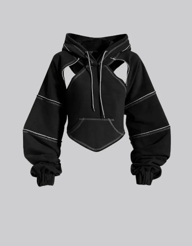 Black Crop Top Hoodie | L