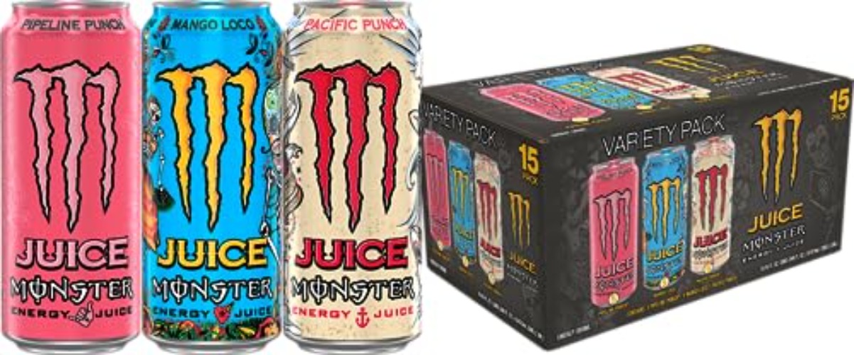 Monster Energy Juice Monster Variety Pack, Pipeline Punch, Mango Loco, Pacific Punch, Energy+Juice, Energy Drink, 16 Ounce (Pack of 15)
