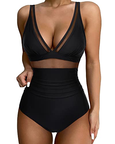 SUUKSESS Women Sexy Mesh Tummy Control Swimsuit Push Up High Waisted Bathing Suit - Medium - 10 Black
